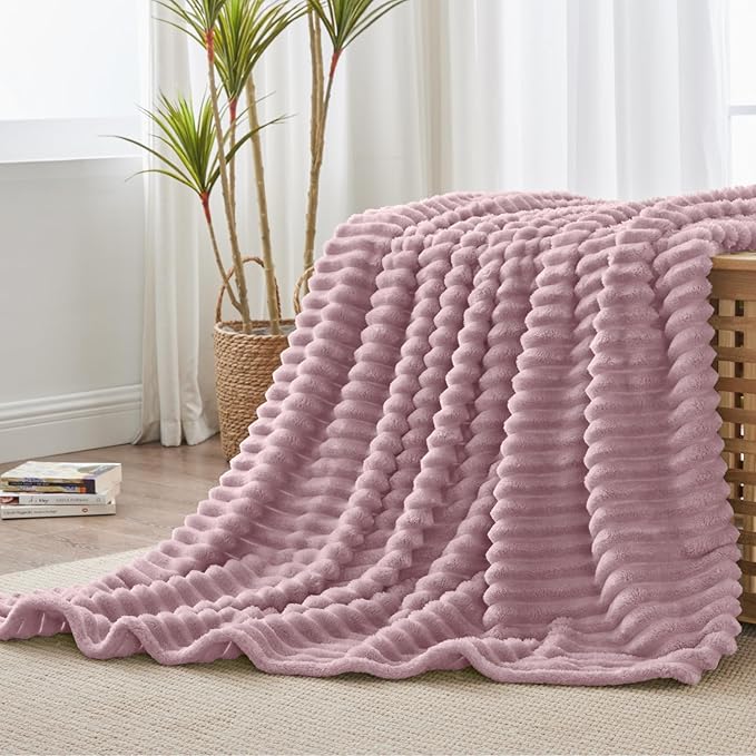 BEDELITE Fleece Throw Blanket for Couch - 300GSM Soft & Warm Fluffy Berry Purple Blanket, Decorative and Giftable Striped Blankets for Women, Men, 50"x60"