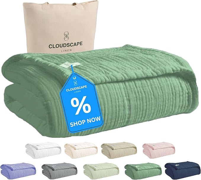 Cloud Scape Linen Extra Large 4 Layer Muslin Throw Blanket - 100% Cotton Gauze, Lightweight & Breathable All Season, Pre-Washed, for Couch & Bed, 50x70, Olive Green