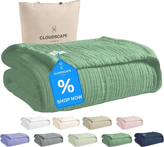 Cloud Scape Linen Extra Large 4 Layer Muslin Throw Blanket - 100% Cotton Gauze, Lightweight & Breathable All Season, Pre-Washed, for Couch & Bed, 50x70, Olive Green