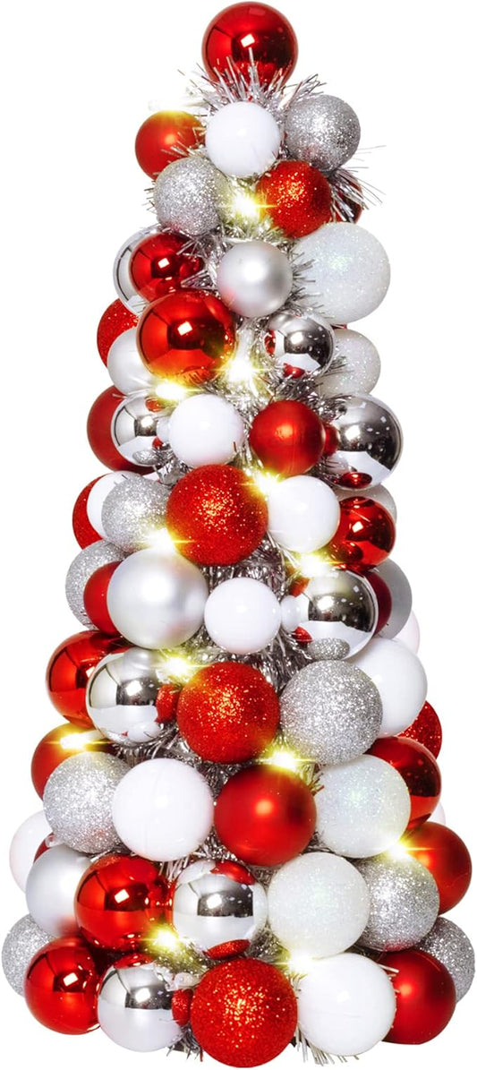 Amooca 16in Christmas Ball Tree with LED Lights Table Centerpiece Fireplace Decor Indoor Holiday Party Home Decoration Red White Silver