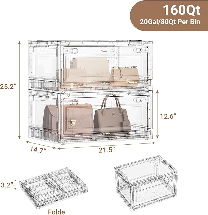 BROVIEW Clear Stackable Storage Bins Drawers, 160Qt Open Front Large Plastic Storage Bins with Lids and Wheels, Foldable Closet Organizers and Storage for Wardrobe Cabinets, Pantry, Makeup,2 Pack