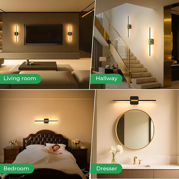 10000mAh Battery Operated Wall Sconce Detachable, Wireless Wall Lamp 3000-6500K Dimmable, Rechargeable Wall Light for Bedroom, Living Room, 28.3" Black Gold (4 Pack)