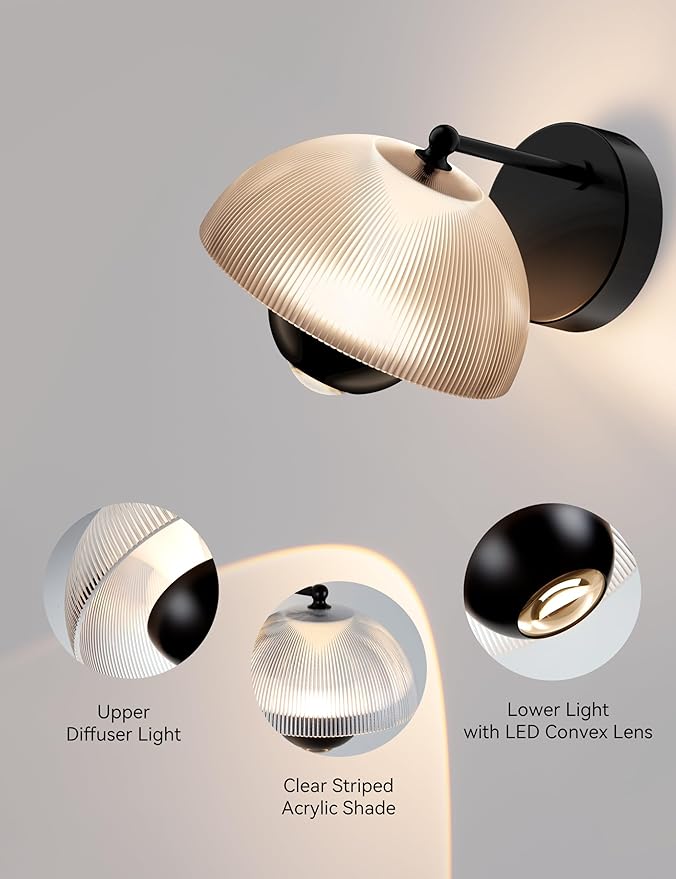 Tubicen Round Wall Sconce with Upper and Lower Lights 10W LED Dimmable Wall Light Fixture Modern Wall Sconces for Living Room Bedroom Hardwired 3000K Black