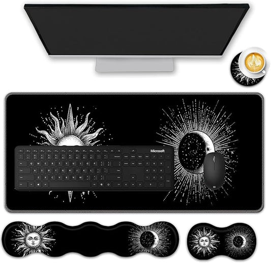 Mouse Pad Set,(31.5×11.8 in) Desk Pad + Keyboard Wrist Rest Support + Mouse Wrist Rest + Coaster for Office,Home,Computer,Laptop - 4 Sun and Moon