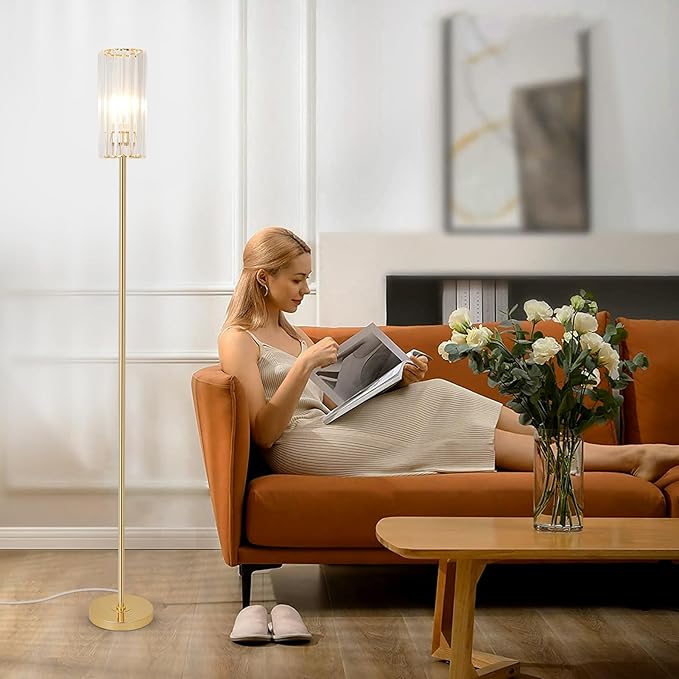 HMVPL Gold Floor Lamp for Living Room, Brass Pole Standing Lamp with K9 Crystal Shade, Modern Corner Standing Lamp for Bedroom with On/Off Switch, Elegant Crystal Tall Lamp for Office Kids Girls Room