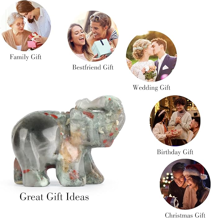 SMQ 2.0" Africa Bloodstone Crystal Elephant Statue,Hand Carved Healing Crystal Gemstone Elephant Animal Figurine Crafts Gifts Decor for Home Office Desk