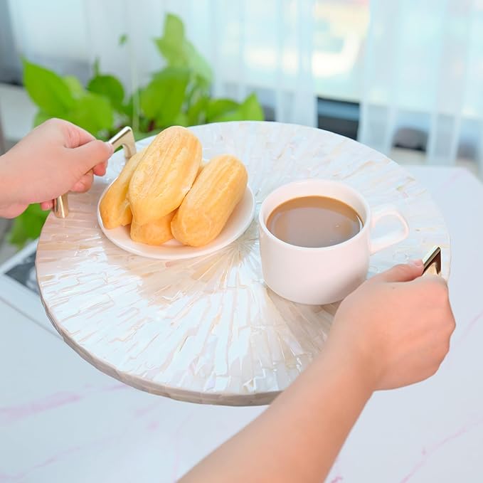 PEMAR Mother of Pearl Decorative Tray, 13" Round Display & Serving Tray with Gold Handles, Vanity/Perfume/Trinket Catchall for Dresser, Bathroom, Vanity Table (White Cream Sunlight Starburst Pattern)