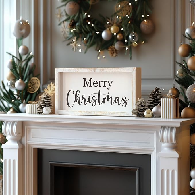 Merry Christmas Wooden Tabletop Sign, Festive Wood Decor for Christmas Desk,Shelf,Tray,Fireplace.Christmas Wood Block Sign(White)