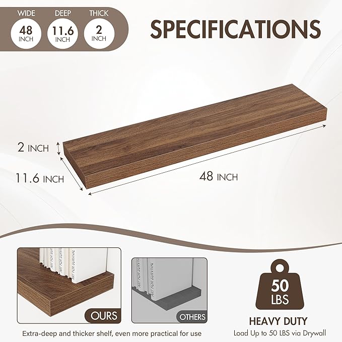 48 Inch Floating Shelves, 12" Deep Floating Shelf Wall Mounted, 48" Wall Shelves, Rustic Deep Bookshelf, Extra Deeper & Thicker Display Shelves for Bedroom, Living Room, Walnut, Set of 2