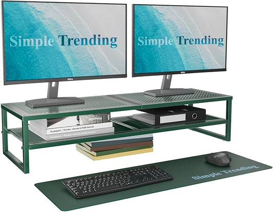 Simple Trending 2 Tier Metal Dual Monitor Stand Riser, Computer Office Desktop Organizer for 2 Monitors with 32"x10" Mouse Pad for Laptop, Printer, TV, Green