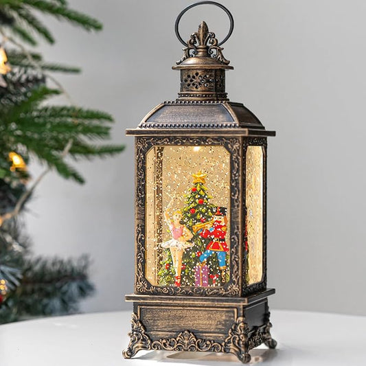 Christmas Snow Globe Nutcracker Lantern, Musical Lighted Nutcracker & Ballerina Water Lantern Swirling Glittering Home Decoration and Gift, Battery Operated or USB Powered