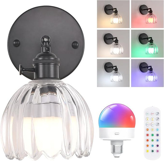 Vintage Battery Operated Wall Sconce with Cute Transparent Tulip Glass Lampshade Wireless Rechargeable Battery Powered Black Wall Light with Remote Control for Bedside Bedroom Doorway