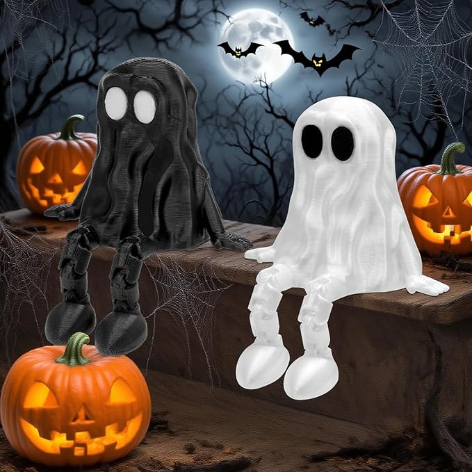 4Pcs Halloween Decorations,Ghost Decor Shelf Sitter Decorations, Outdoor,3D Printed Resin Statue, Joint Movable Figurines Bookshelf/Desk Centerpiece Shelf & Mantel Display for Halloween