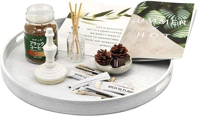 Round Decorative Tray, Extra Large Wooden Serving Tray with Handles, 11.8in White Decorative Trays for Coffee Table,Kitchen Counter,bandejas decorativas