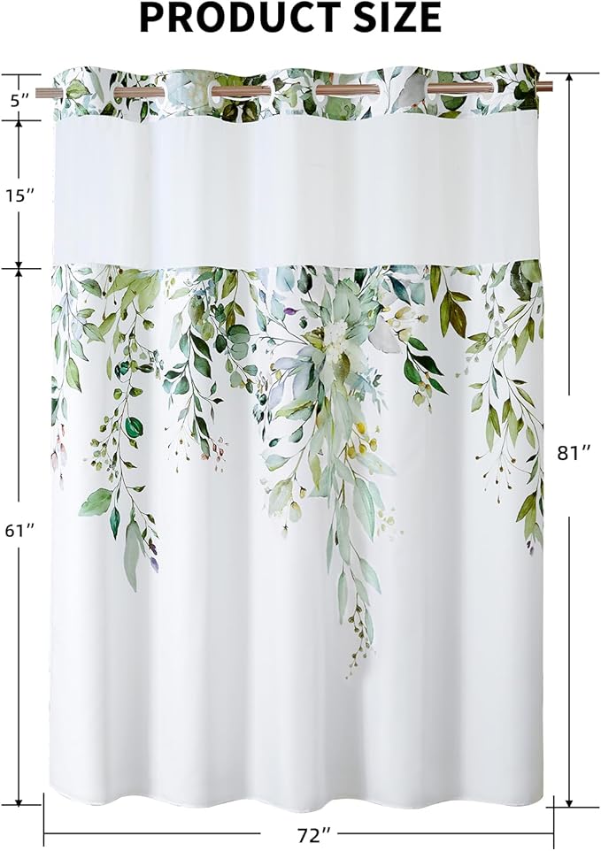 QiyI No Hook Shower Curtain with Snap in Fabric Liner, Sage Green Eucalyptus Shower Curtain with See Through Top Window, Waterproof Washable Cloth Ringless Shower Curtain Set for Bathroom, 72 x 81