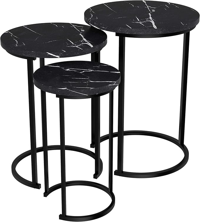 Lavish Home Nesting Tables - Set of 3 Round Side Tables for Living Room, Bedroom, or Home Office - Faux Marble End Table Set - Modern Living Room Furniture (Black)