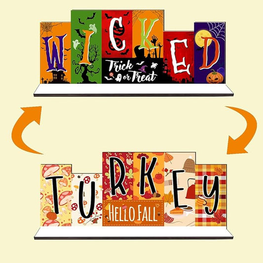 Double-sided Halloween Table Decorations Thanksgiving Tiered Tray Decor Wooden Table Sign, Fall WICKED Party Trick Decoration Tabletop Centerpiece Turkey for Desk Tiered Tray shelf Decor