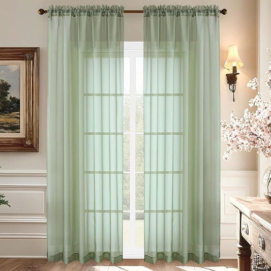 Aiyufeng Sage Green Sheer Curtains 90 Inches Long, Light Filtering Rod Pocket Solid Color Window Sheer Curtain Panels, Elegant Curtains & Drapes for Living Room, Bedroom 2 Panels (Sage, 59" W x 90" L)