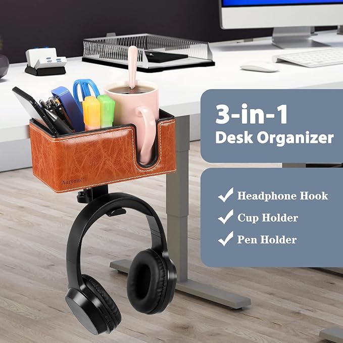 Desk Cup Holder Clip on Pen Holder Headphone Hanger Headset Stand Rotatable Clamp Hook Under Desk (Light Brown)