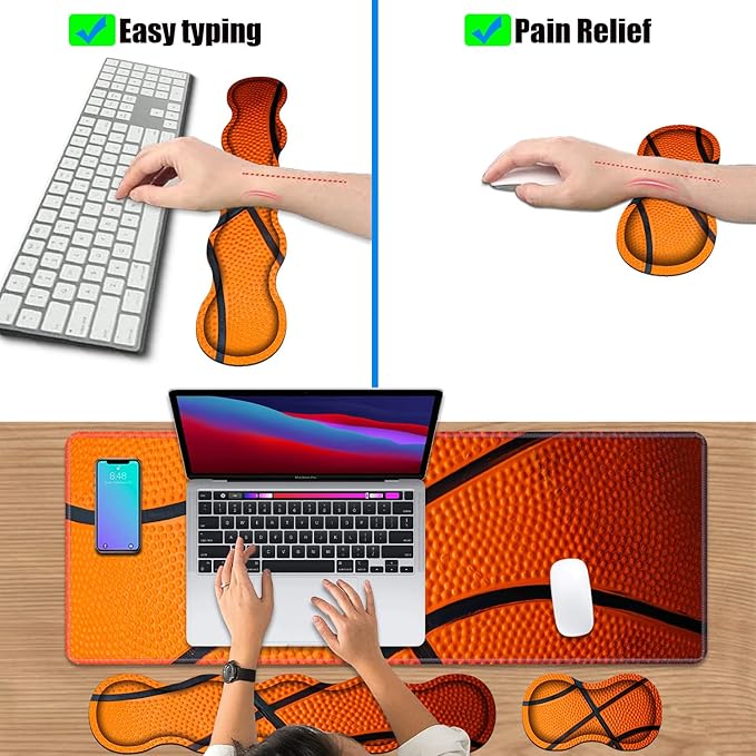 4 in 1 Ergonomic Keyboard Wrist Rest & Mouse Pad Wrist Rest Set, Large XXL Gaming Desk Mat 31.5"x 11.8" with Non-Slip Base, Memory Foam for Home Office Study Gaming, Basketball Surface