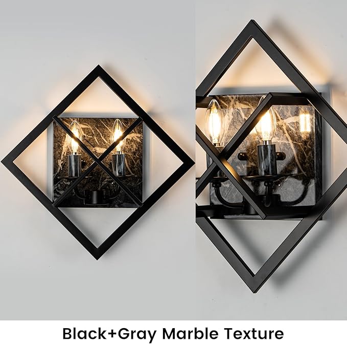 Black Wall Sconces,17.8in Rustic Wall Sconces Mount Lamp Indoor for Living Room Bedroom Bathroom Stairway(E12 Base, Bulbs Not Include 1Pack) Gray Marble Texture