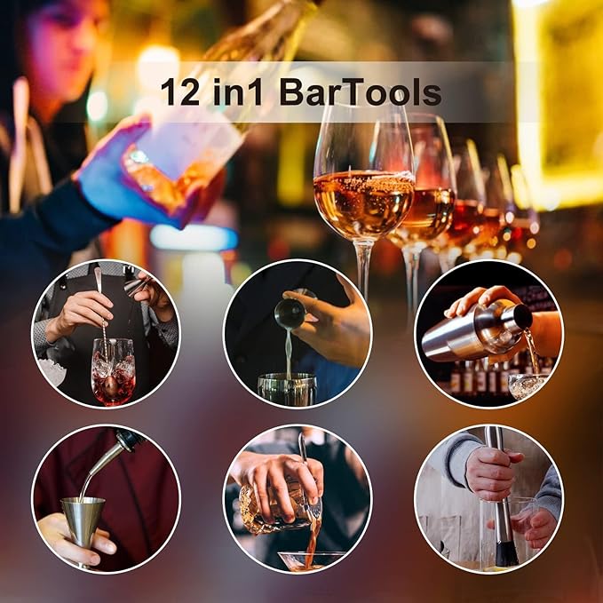 12 Piece 25oz Cocktail Shaker Set Bartender Kit with Stand, Professional Stainless Steel Bar Tool Set, Bar Set ，Home Mixology Tool Sets，Cocktail Recipes Booklet ，Silver