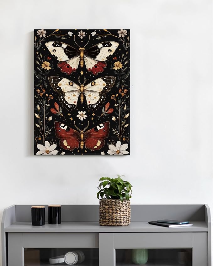Aesthetic Moths Wall Art Decor Gothic Dark Academia Moth Canvas Print Poster Botanical Framed Painting Wall Decorations for Home Farmhouse Living Room Bedroom Decor 11x15 Inch
