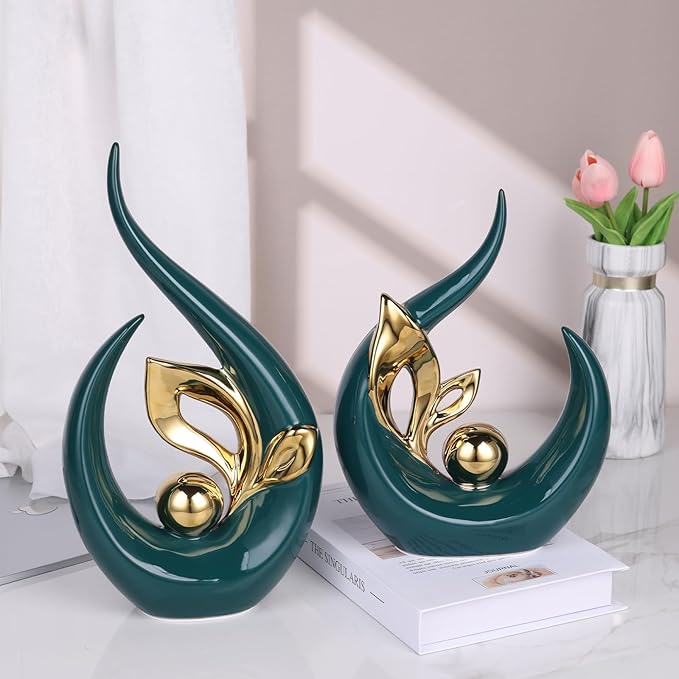 9.4" H Green Gold Abstract Sculptures Home Decor, Ceramic Art Statue Cool Stuff to Put on Shelves&tv Stand Decor, Gold Accent Entertainment Center, for Fireplace Coffee Table Dining Table Decorate