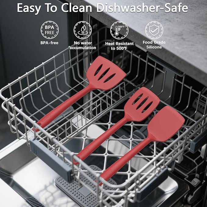 Coukre Silicone Kitchen Cooking Utensils Set with Holder – Heat-Resistant, Food-Grade Kitchen Tools, Spatula, Spoon & Gadgets for Non-Stick Pans, Dishwasher Safe (14, PureRed)
