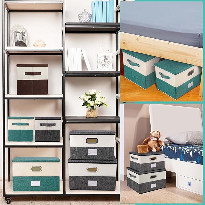 Large Linen Fabric Foldable Storage Bins with Removable Lid and Handles, Washable Storage Box Organizer Containers Baskets Cube with Cover for Bedroom,Office (Turquoise&Cream, Medium(2-Pack))