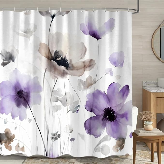 Boho Floral Shower Curtain, Cream Tan Beige Purple Grey White Flower Farmhouse Fabric Shower Curtains Set for Bathroom Decorative with Hooks 72 X 72 inch Spring Bath Decor