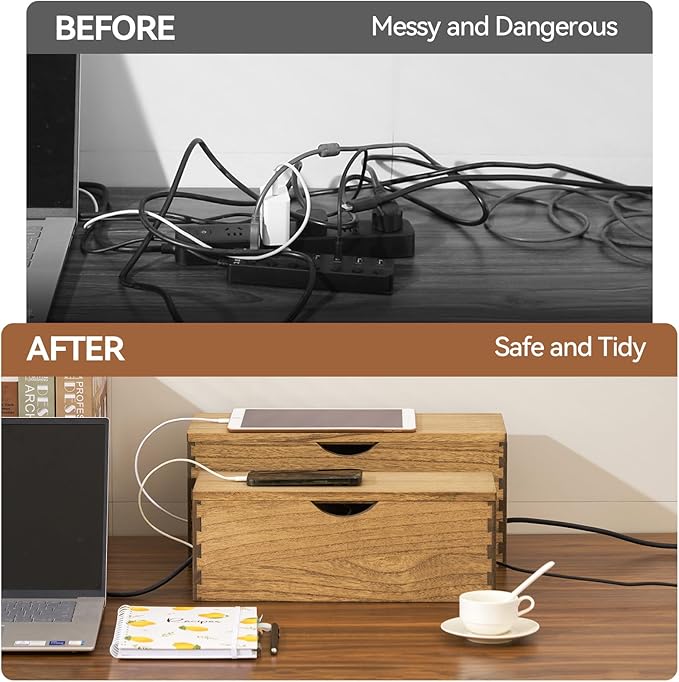KIRIGEN Cable Management Box Wooden Cord Organizer Hide Power Strip Desk Wires Protector for Home Office TV Computer (DXH2T-DBR)