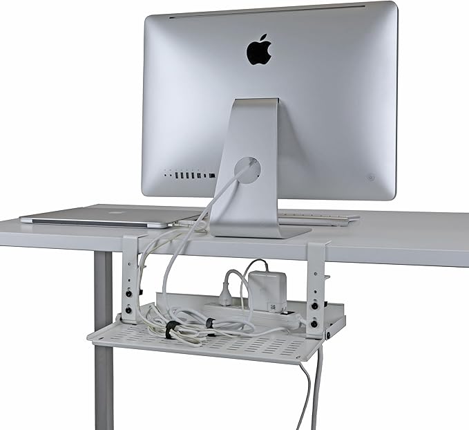 AEONS Universal Under Desk Cable Management Tray-Clamp Mount Hinged Swing Modesty Panel Organizer for Office Desks Easy Access Flip-Down position Power Strip Cord Storage No-Drill 25 lb Capacity White