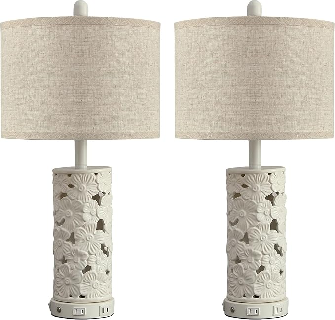 25.5" Modern Ceramic Table Lamp Bedroom Lamp for Bedside, 2 USB & AC Outlet with Night Light White Lamps Farmhouse Night Stand Lamps for Living Room Study Room Office (White-2 Pack)