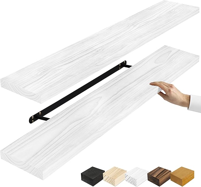 Sorbus Wood Floating Shelves for Wall - 35” Solid Wood Wall Shelves for Bathroom Decor, Books, Bedroom & Living Room - Set of 2 White Wall Mounted Kitchen Shelves - Durable Solid Pine