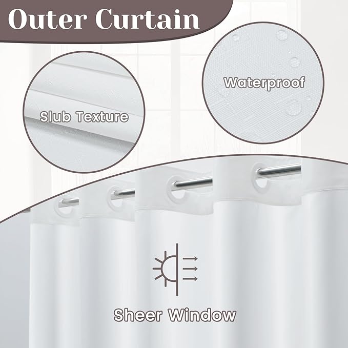 No Hook Slub Textured Shower Curtain with Snap in Liner - White Fabric Outer Curtain & Waterproof Inner Liner, Hotel Style with See Through Top Window, 71x77 in