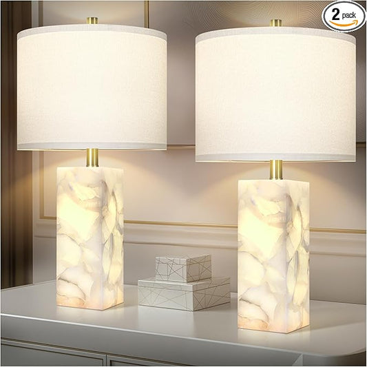 Scenekoy Natural Alabaster Table Lamp Set of 2 with Night Light for Bedroom Living Room, 23" Rotary Switch Bedside Lamp with Linen Shade, Modern Nightstand Lamps for Room Office Dorm (Bulb Included)
