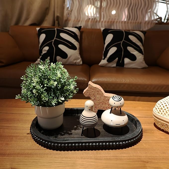 Vintage Black Oval Wood Decorative Ottoman Tray for Coffee Table Kitchen Counter, Living Room, Handcrafted Wooden Serving Tray for Table Centerpiece