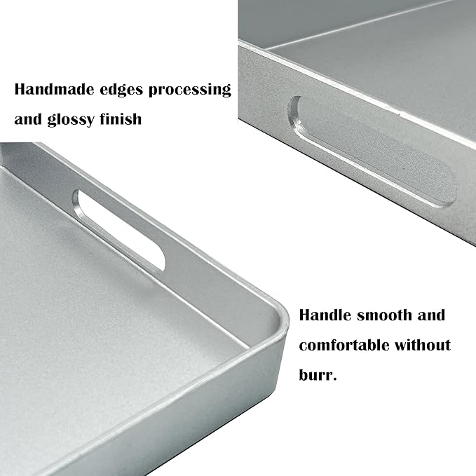 Serving Tray with Gold Trimming,Rectangular Sturdy Serving Trays with Handles, Coffee Table Tray Plastic Tray for Ottoman Living Room, Bathroom,Home Decor 15.7" L x 10.2" W x 1.57" H(Silver)