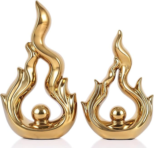 2 Pcs Gold Ceramic Sculptures for Home Decor, Modern Abstract Art Statues, Centerpieces for Dining Room Table, Living Room, Shelf, Mantel, Coffee Table, Entryway Accent Decorations