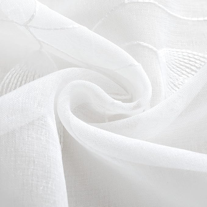HOMEIDEAS White Sheer Kitchen Curtains 30 X 36 Inch Length 2 Panels Embroidered Leaf Pattern Short Curtains for Small Window Valance Tiers
