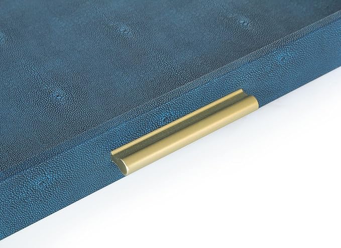 HofferRuffer Elegant Decorative Serving Tray, 20"x20" Square Faux Leather Ottoman Tray with Gold Hardware Handles, Coffee Table Serve Tea, Coffee or Breakfast (Navy Blue)