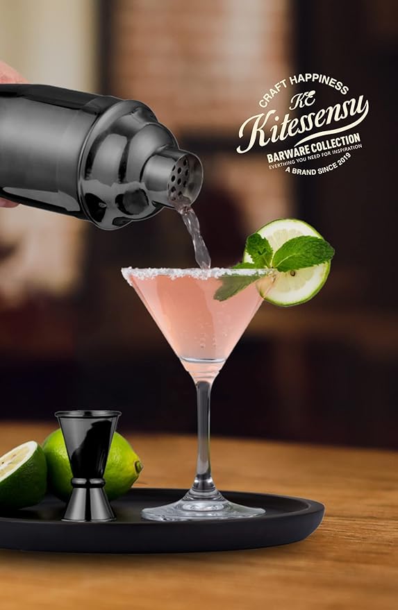KITESSENSU Cocktail Shaker Set, Stainless Steel Martini Shaker Set with 24 Ounce Cocktail Mixer with Drink Shaker, Measuring Jigger, Bar Spoon & Drink Recipe Guide, Black