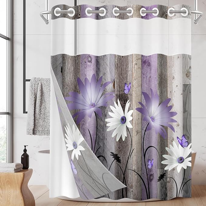 No Hook Rustic Farmhouse Shower Curtain with Snap in Fabric Liner Set, Purple Daisy Flowers and Butterfly on Wooden Double Layers Waterproof with See Through Top Bath Curtain 71x74 Inch
