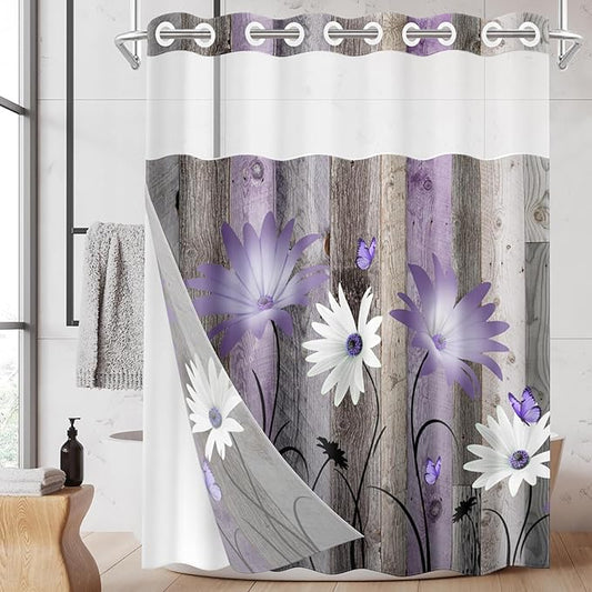 No Hook Rustic Farmhouse Shower Curtain with Snap in Fabric Liner Set, Purple Daisy Flowers and Butterfly on Wooden Double Layers Waterproof with See Through Top Bath Curtain 71x74 Inch