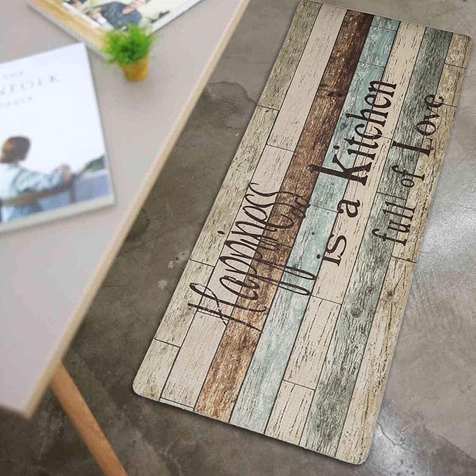 FRESHMINT Farmhouse Kitchen Mats Sets 2 Piece Cushioned Comfort Mat for Home & Office Ergonomically Engineered Memory Foam Kitchen Rug Waterproof Non-Skid, 30" by 17" + 47" by 17",Happiness