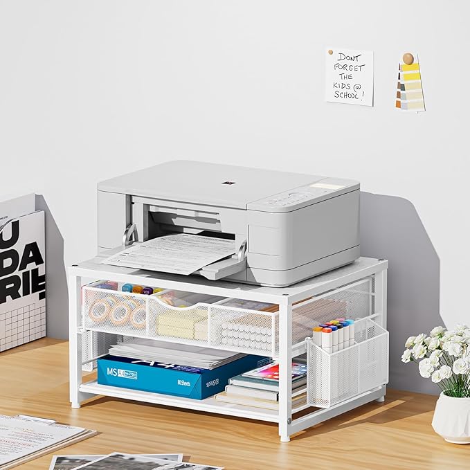 Marbrasse Wood Printer Stand for Desk, 2-Tier Desktop Printer Table for Home Office, Printer Stand with Storage Drawer 2 Pen Holders, Multi-Purpose Desk Organizer for Fax Machine Scanner(Wood White)