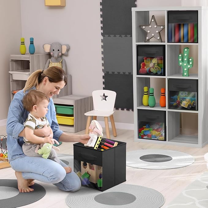 Sorbus 13 Inch Storage Bins with Clear Window - 6 Foldable Baskets for Organizing Clothes, Toys, Books - Sturdy Collapsible Fabric Storage Cubes with Handle - Storage Baskets for Shelves, Closets