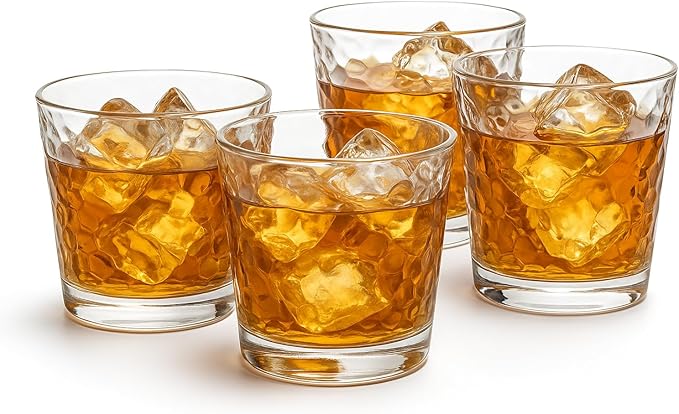 Crinkle Whiskey Glasses 12oz - Set of 4 Unique Textured Glassware for Bourbon, Scotch, Old Fashioned Cocktails - Dishwasher Safe Rocks Glasses Tumbler Set – Gift Ready Box