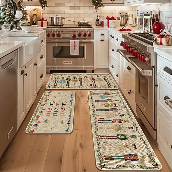 Artoid Mode Watercolor Nutcrackers Merry Christmas Decorative Kitchen Mats Set of 2, Home Party Low-Profile Kitchen Rugs - 24"x36"+24"x59"+24"x72"